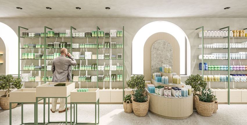 Pharmacie agencement intérieur avec mobilier léger, étagères murales et ambiance naturelle
